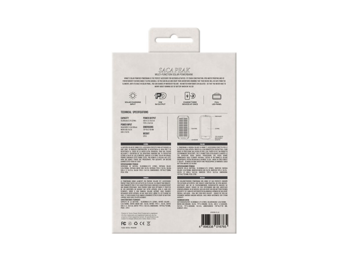 VINNIC Solar Powerbank 10'000 mAh VPSPB-FL10 w/Full LED Panel (4898338016765)