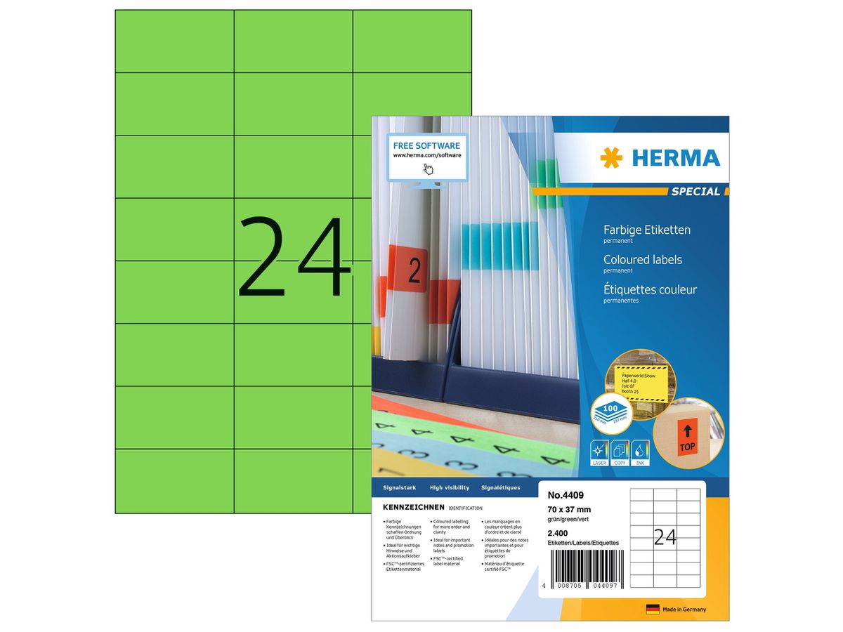 HERMA Etiketten SPECIAL 70x37mm 4409 grün,perm. 2400 St./100 Bl. (4008705044097)