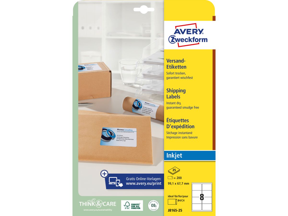 AVERY ZWECKFORM Etichette indirizo 99,1x67,7mm J8165-25 bianco 200 pezzi (4004182235287)