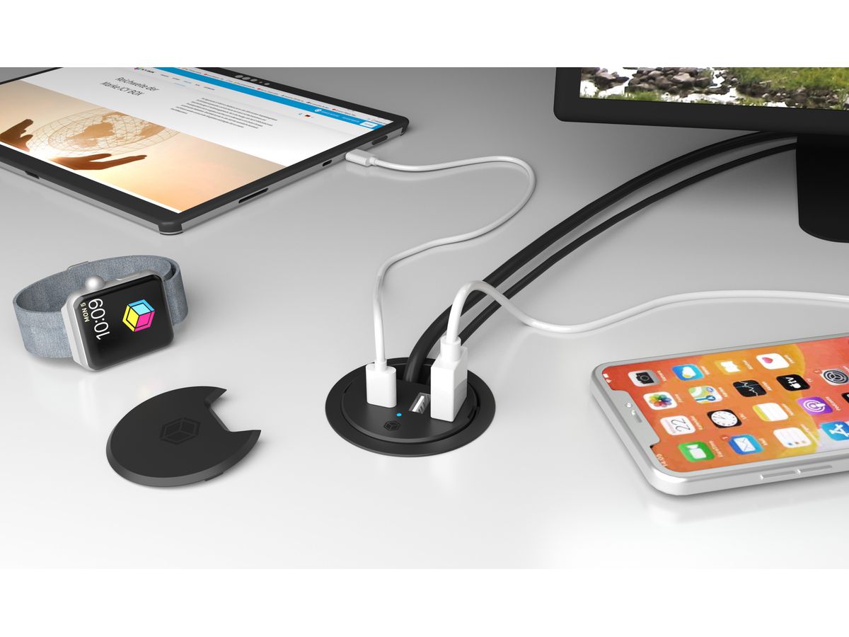 ICY BOX In-Desk USB Hub 60 mm black IB-HUB1407 2x USB-A 10W PD 3.0 & QC 3.0 (4250078173670)