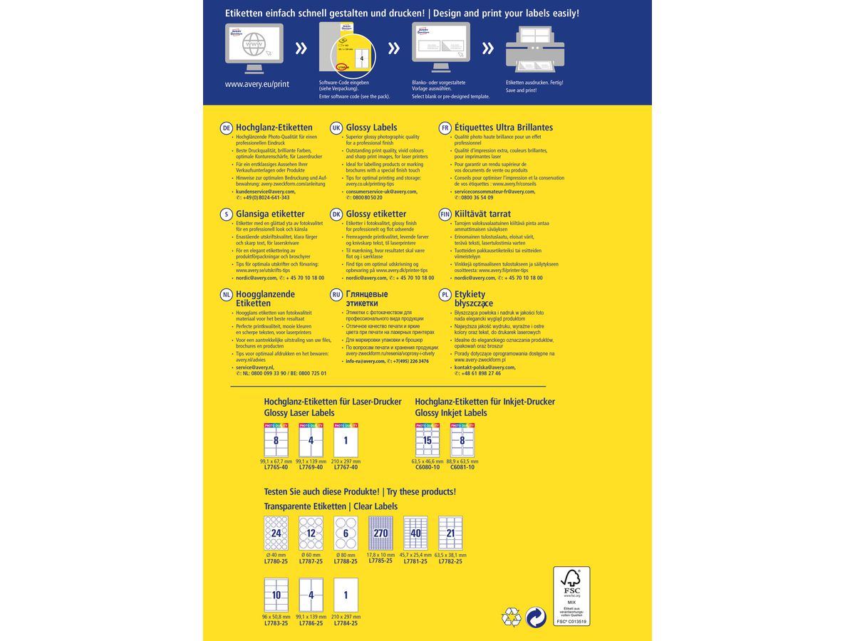 AVERY ZWECKFORM Etichette 99,1x13mm L7769-40 bianco, glossy 160 pezzi (4004182230275)