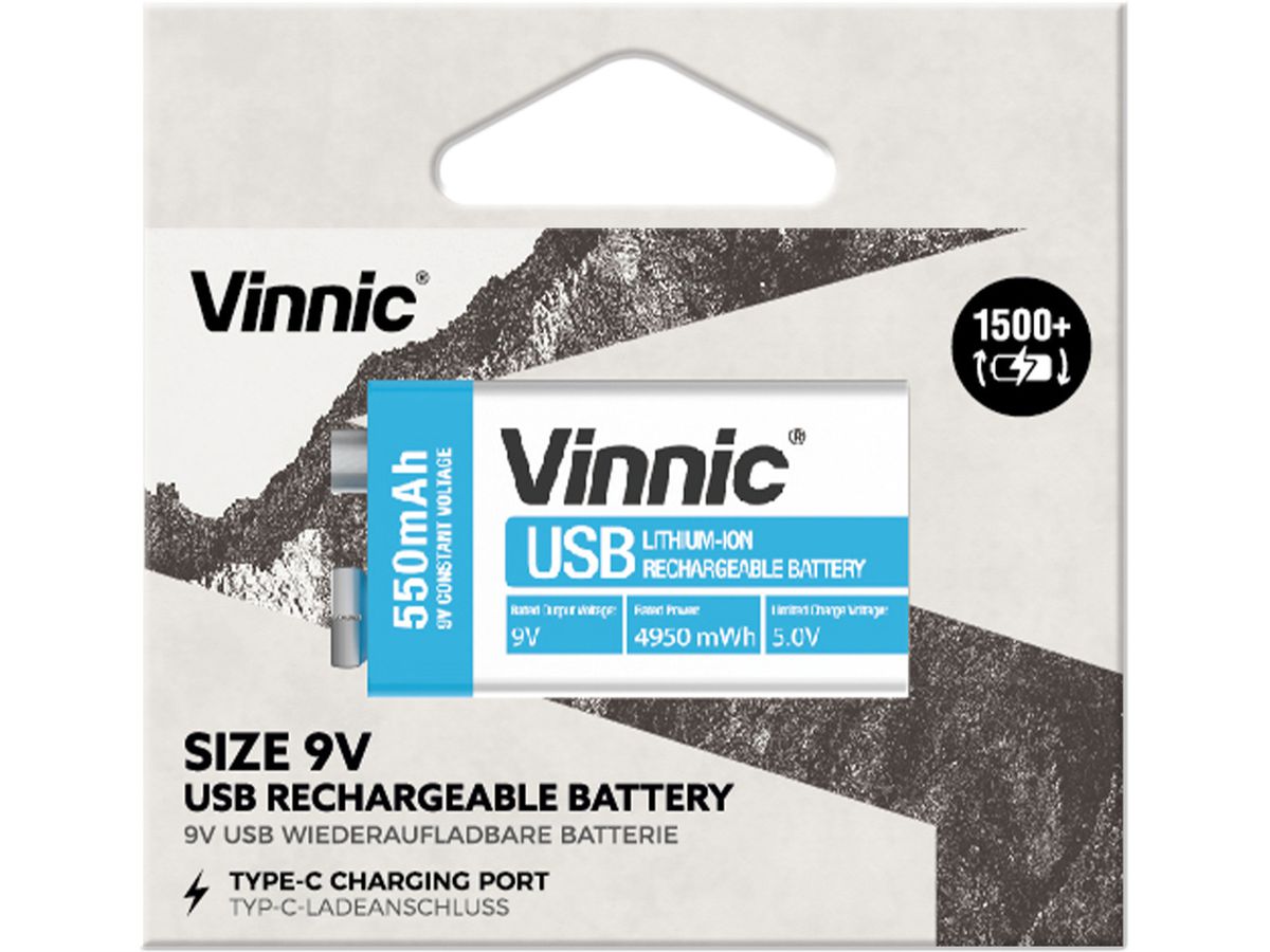 VINNIC USB Rech. Batt. 9V Type-C VPRB-UC9V-1PC 550mAh,Case,1pcs. (4898338020410)