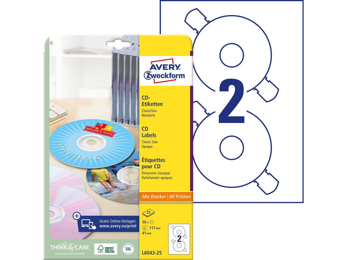 AVERY ZWECKFORM CD Labels Classic bianco L6043-25 117mm 50 pezzi (4004182060438)