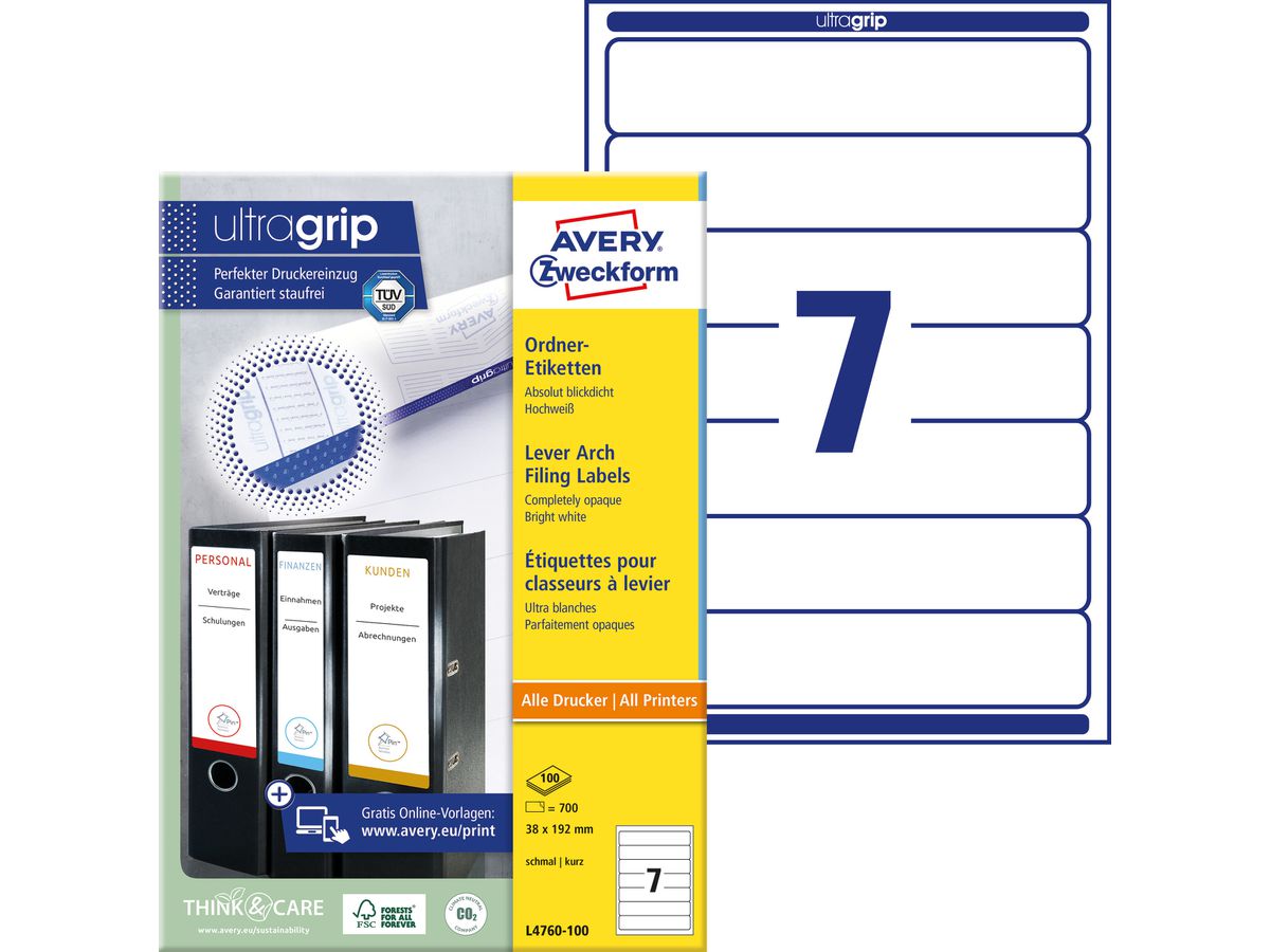 AVERY ZWECKFORM Costa per cartella 38x192mm L4760-100 bianco 700 pz./100 fogli (4004182036891)
