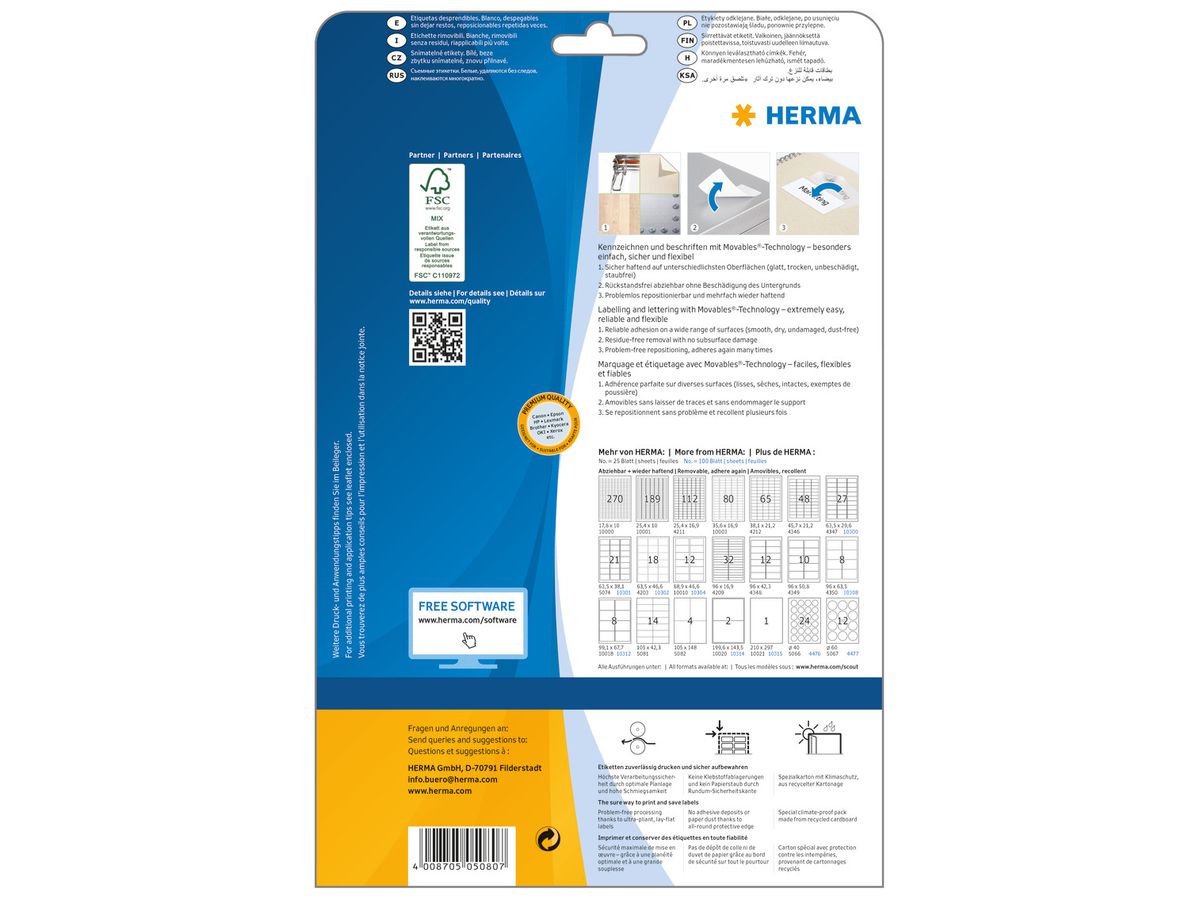 HERMA Etichette SPECIAL 52.5x21.2mm 5080 bianco,non-perm. 1400 pz./25f. (4008705050807)