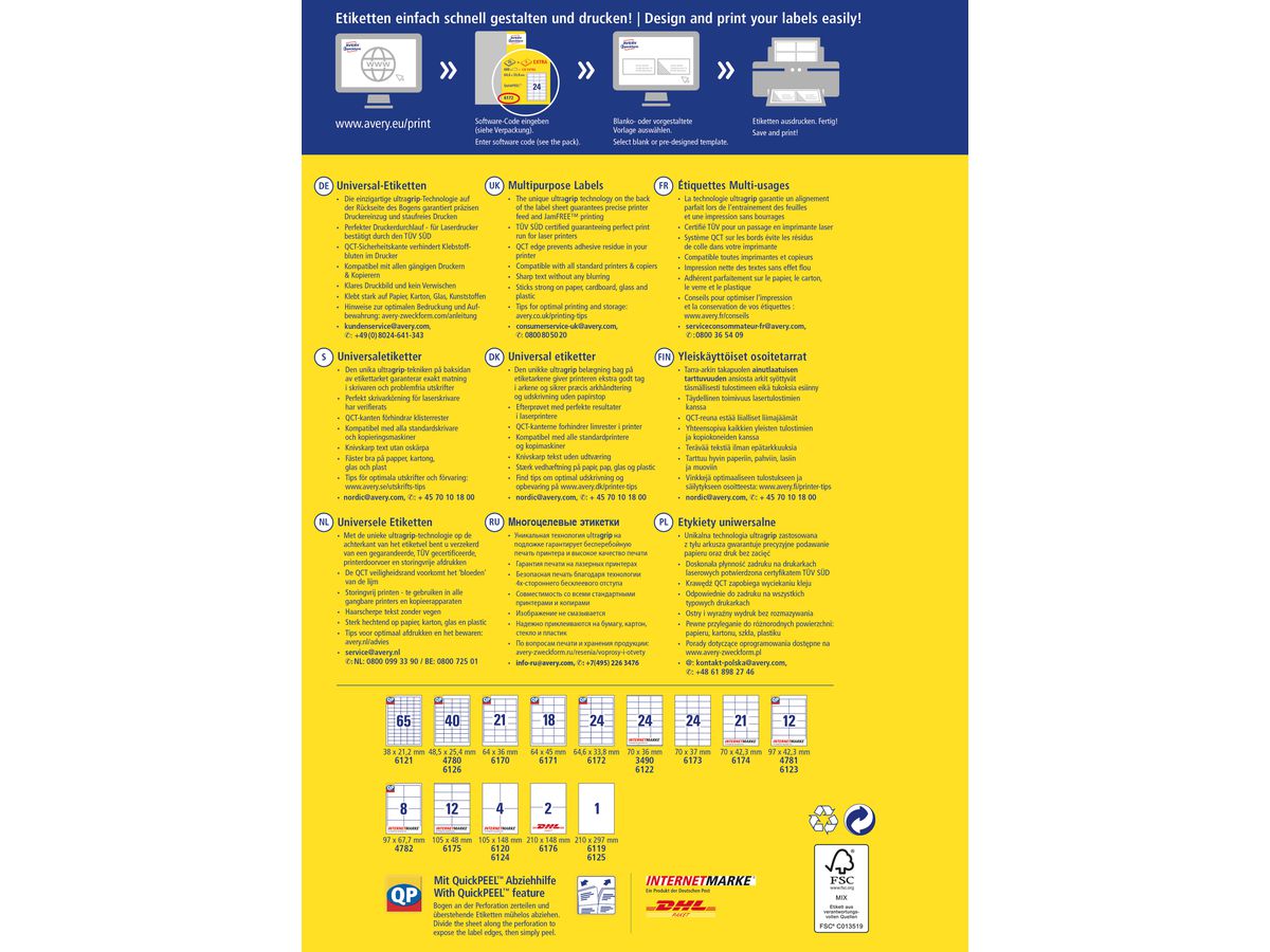 AVERY ZWECKFORM Universal-Etiketten 70x36mm 3490 weiss 720 Stk./25 + 5 Blatt (4004182034903)