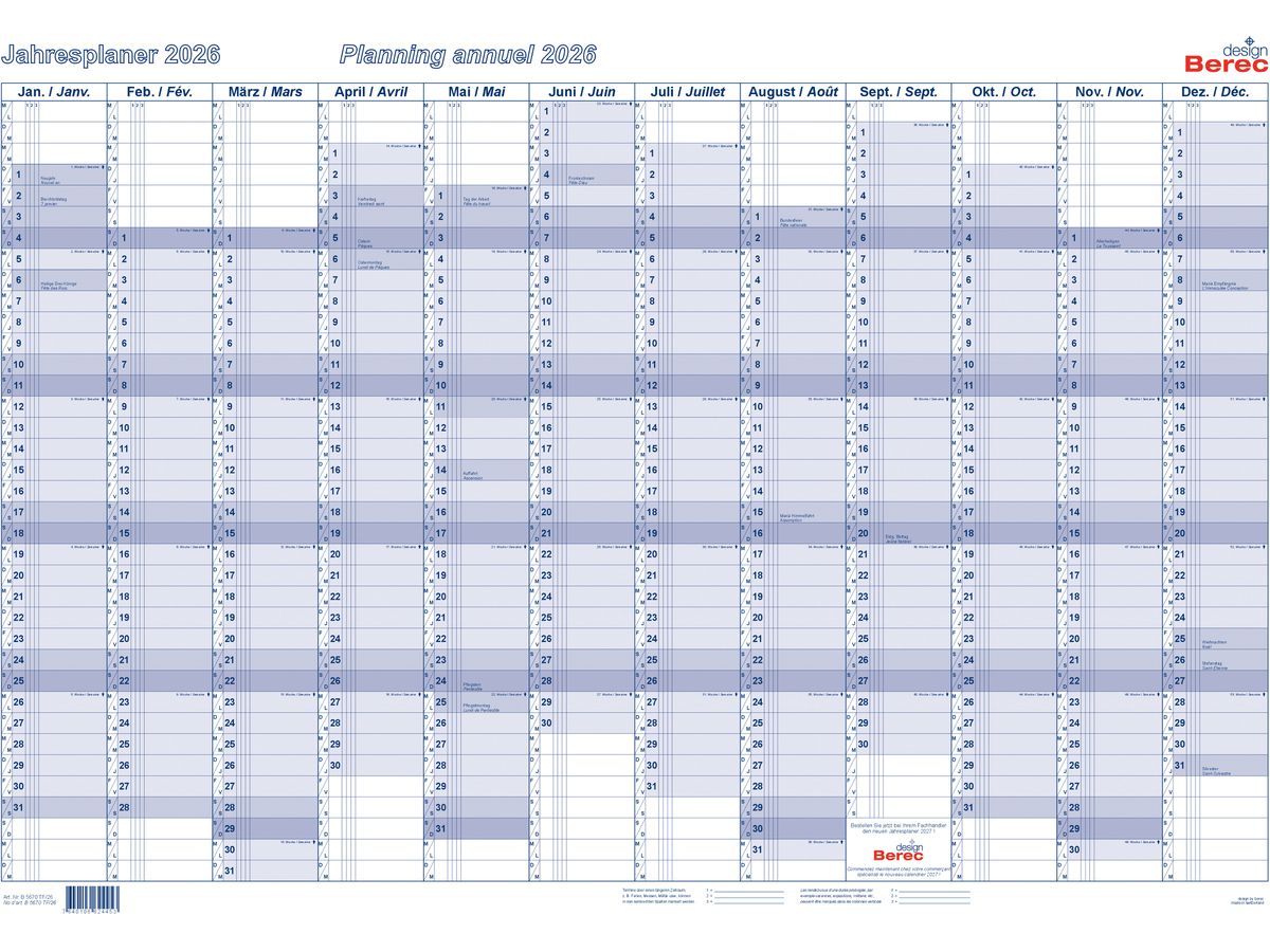 BEREC Jahresplaner quer 2026 B 5670 TF/26 1J/1S blau plastifiz. 60x90cm (7640106624453)