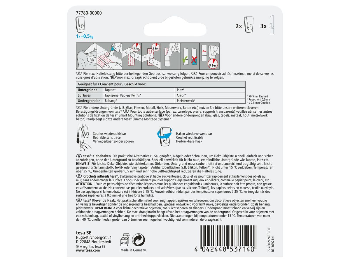 TESA Klebehaken 2x0,5kg 77780-00000 Tapete & Putz (4042448537140)