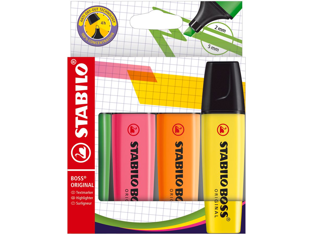 STABILO Textmarker BOSS 2-5mm 70/4-21-1 4-farbig ass. (4006381565790)