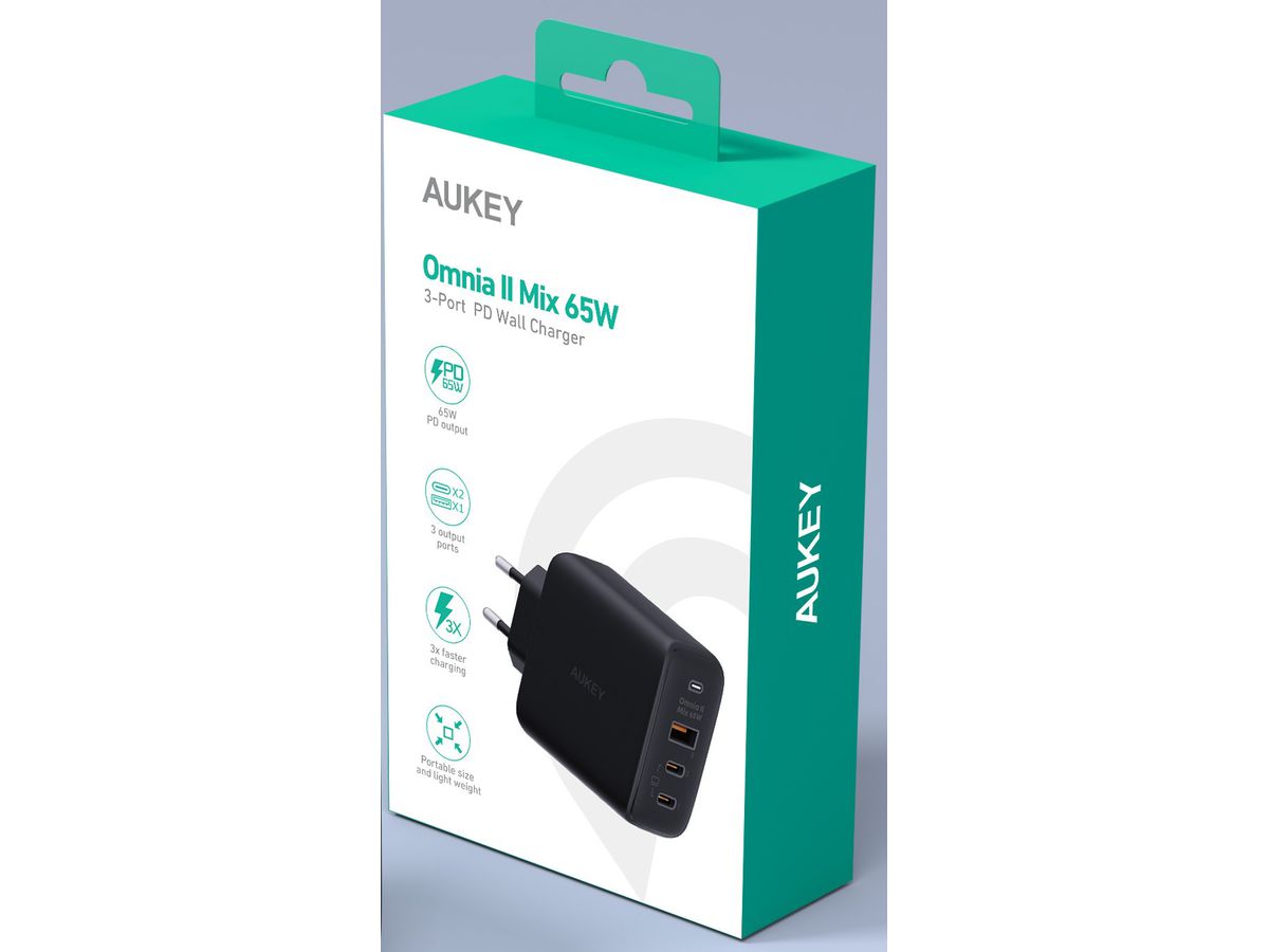 AUKEY OmniaMix II 65W GaN PD PA-B6T BK 3-Port, Wall Charger Black (0689323784783)
