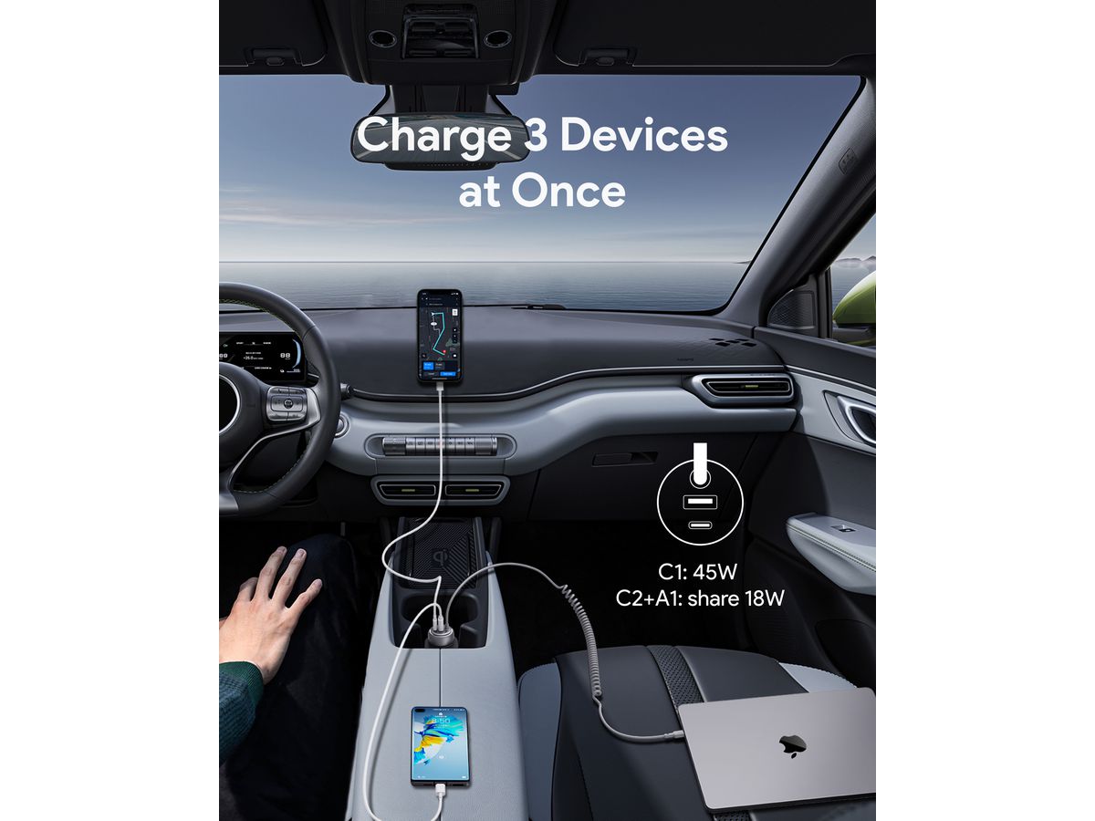 AUKEY Pathfinder Sling Car Char. CC-P2 2-Port,USB-A&C,Buit-in-Cable (0689323788149)