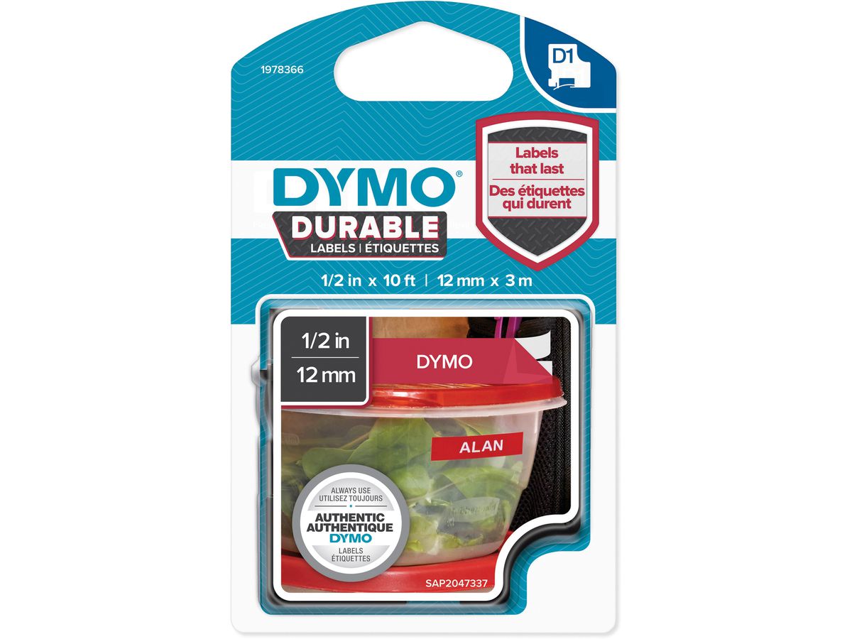 DYMO Nastro D1 vinyle 12mmx3m 1978366 bianco/rosso (3501179783666)