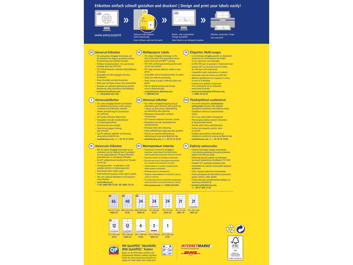 AVERY ZWECKFORM Universal-Etiketten 38x21,2mm 3666-10 weiss 650 Stk./10 Blatt (4004182617564)