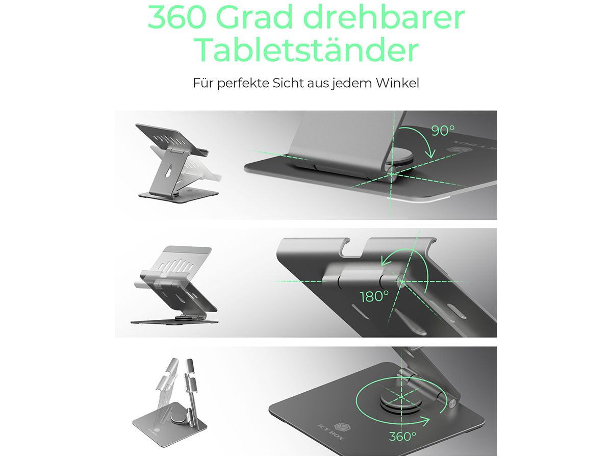 ICY BOX Rotatable and adjustable IB-TH200-R tablet stand silver (4250078173779)