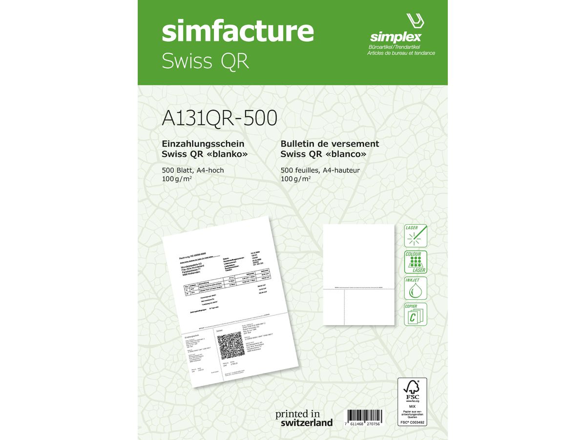 SIMPLEX Simfacture Swiss QR FSC A4 A131QR-500 universal, 100g 500 Blatt (7611468270756)