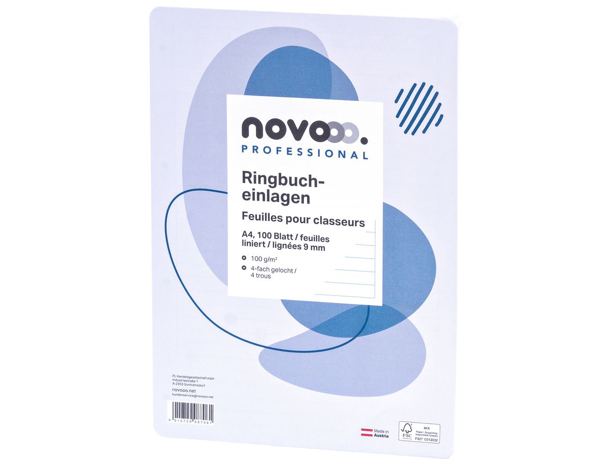 NOVOOO Ringbucheinlagen A4 729795 liniert 9mm,100g,Rand 100 Bl. (9010729087061)