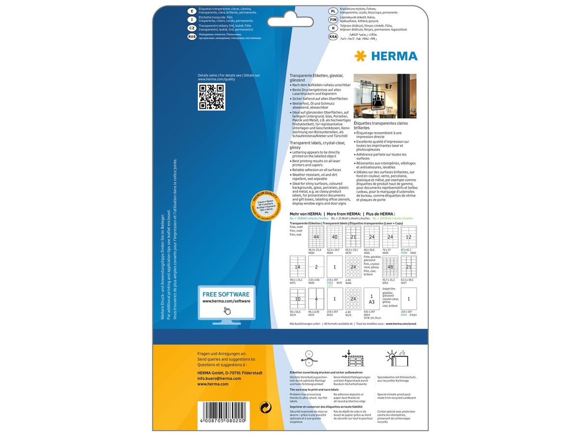 HERMA Etiketten 210x297mm 8020 transparent, 25 Blatt (4008705080200)