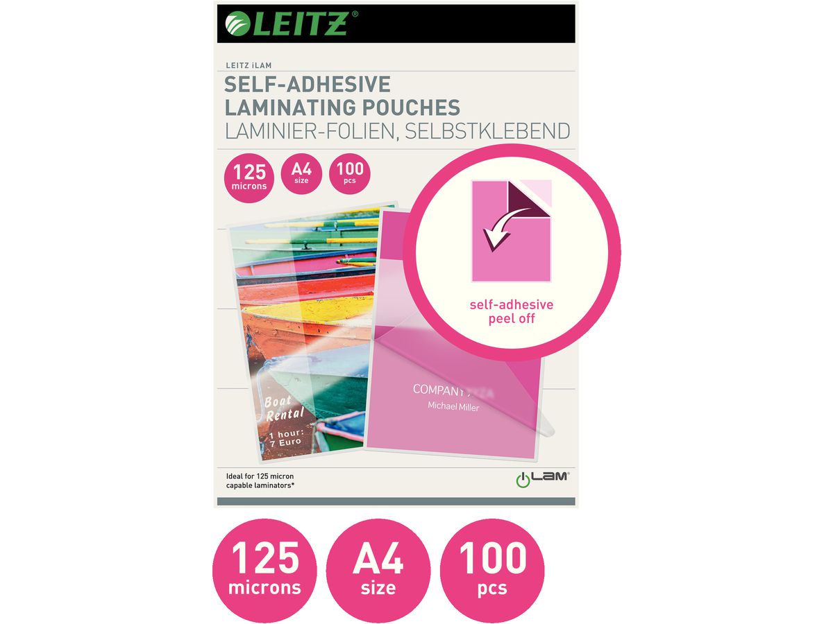 LEITZ Laminiertasche A4 16925 glanz,125my, selbstkl. 100 Stk (5411313169257)