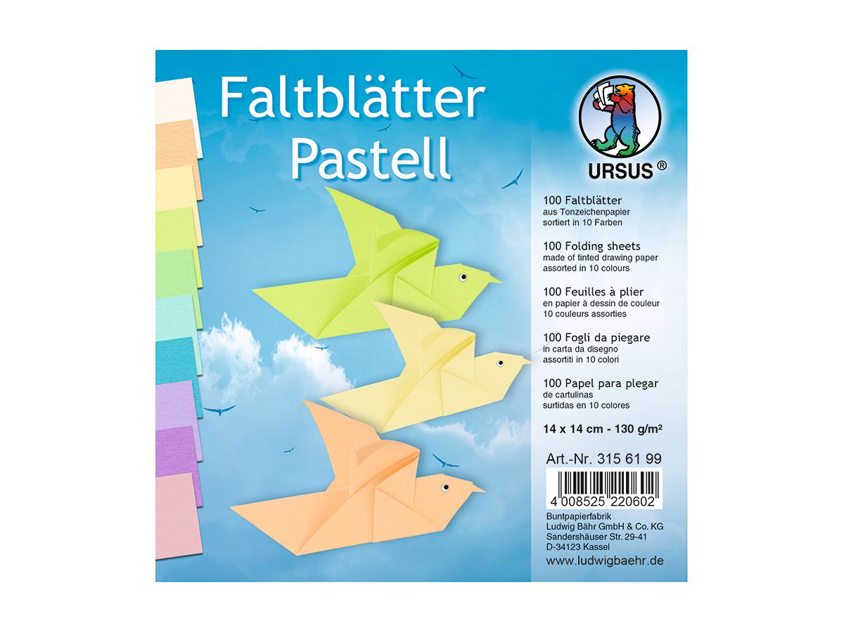 URSUS Faltblätter Origami 14×14cm 3156199 Pastell-Farben ass. 100 Blatt (4008525220602)