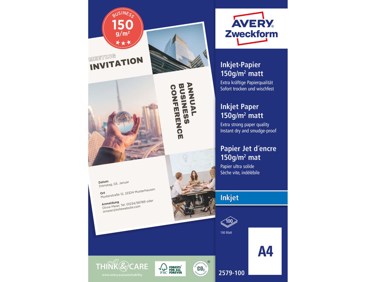 AVERY ZWECKFORM InkJet Paper A4 2579-100 150g, bianco 100 fogli (4004182410042)