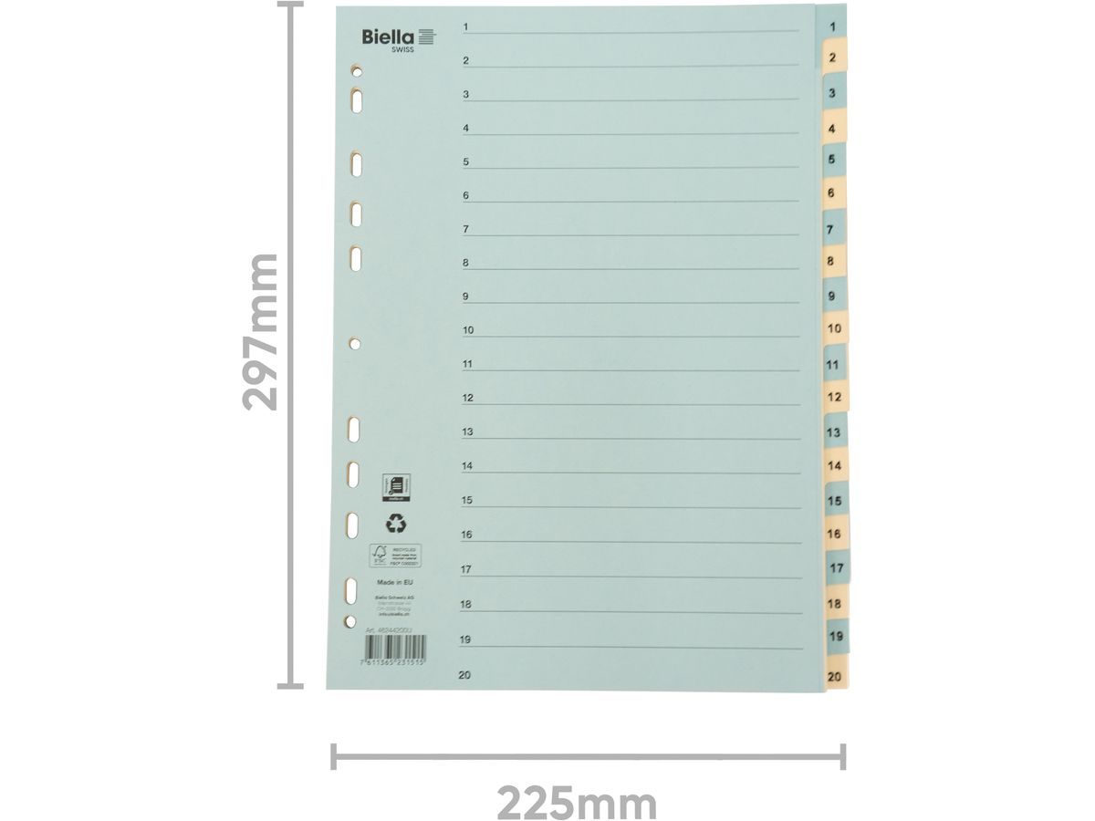 BIELLA Répertoires carton 210g A4 46244200U bleu/jaune 1-20 (7611365231515)