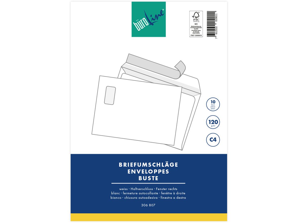 BÜROLINE Couvert m/Fenster rechts C4 105929 120g, weiss 10 Stück (7612532019011)