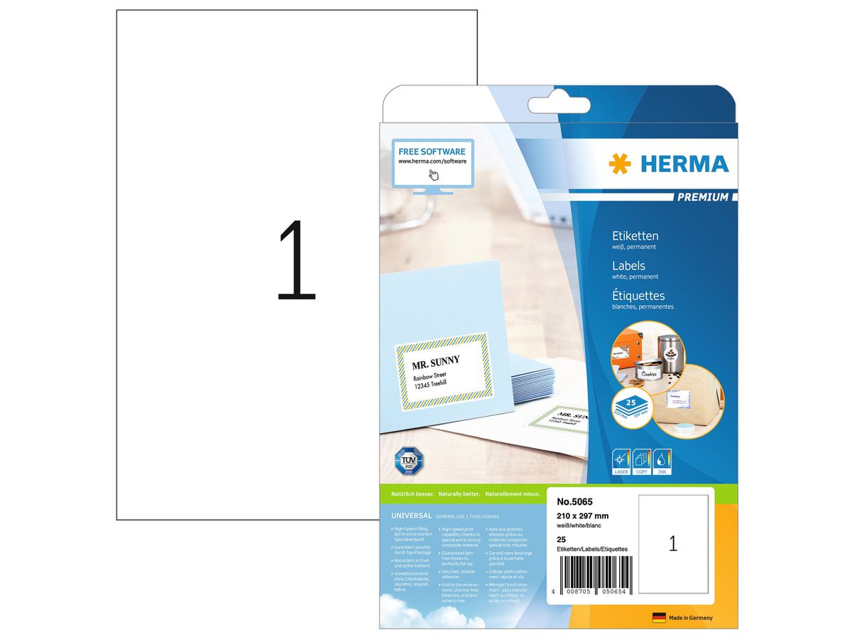 HERMA Universal-Etikett. 210x297mm 5065 weiss 25 St./25 Blatt (4008705050654)