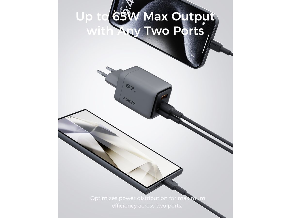 AUKEY Comet Mix 67W GaN PD PA-C3 3-Port, Wall Charger Grey (0689323788194)