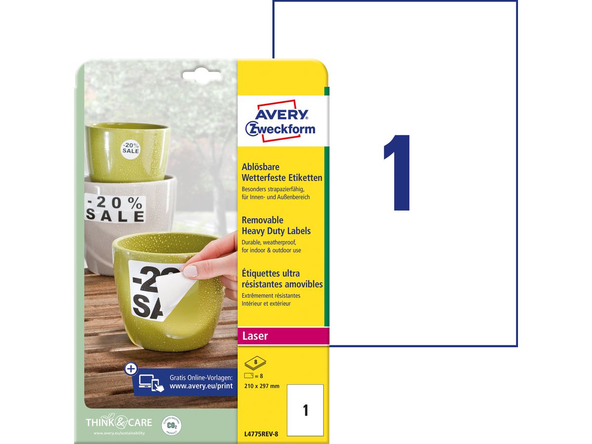 AVERY ZWECKFORM Etichette laser 210x297 L4775REV8 white, weather pr. Remov. 8 f. (4004182076071)