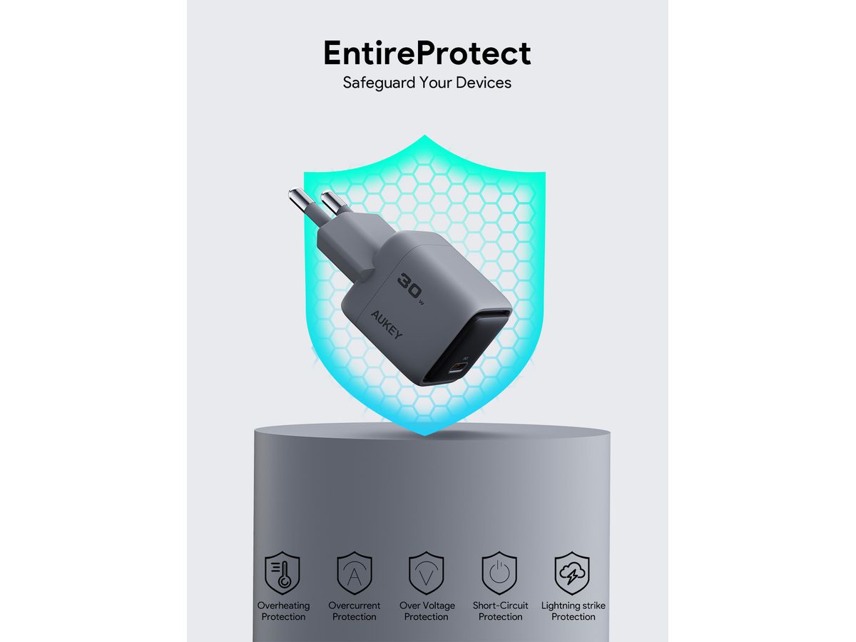 AUKEY Comet Mini 30W GaN PD PA-C1 1-Port, Wall Charger Grey (0689323789801)