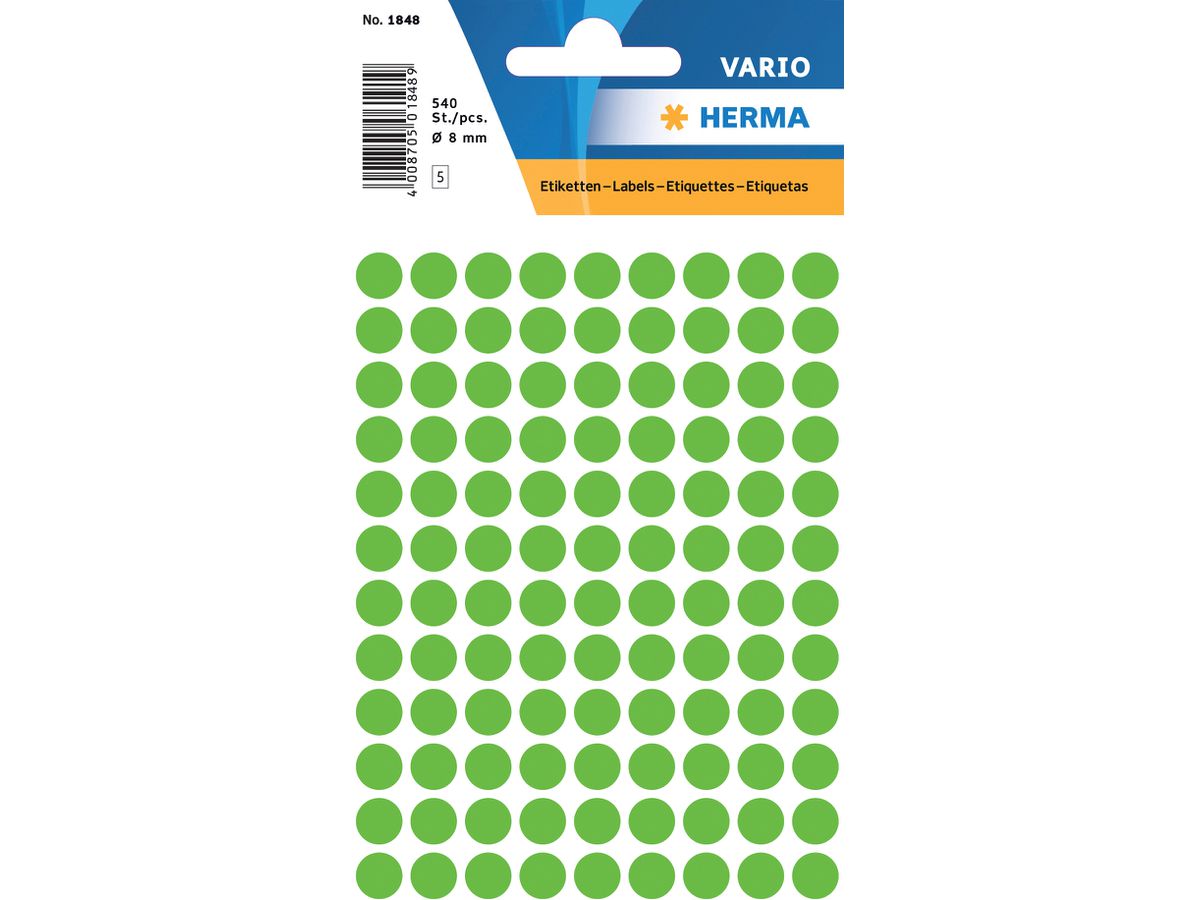 HERMA Etiketten rund 8mm 1848 leuchtgrün 540 Stück (4008705018487)