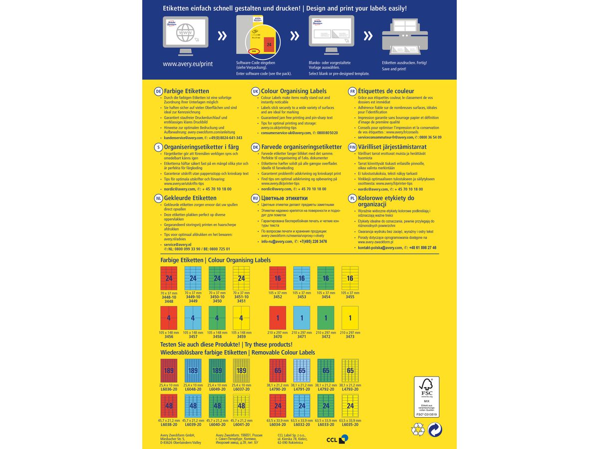 AVERY ZWECKFORM Etiquettes 70x37mm 3451 Universel, jaune 100fl./24pc. (4004182034514)