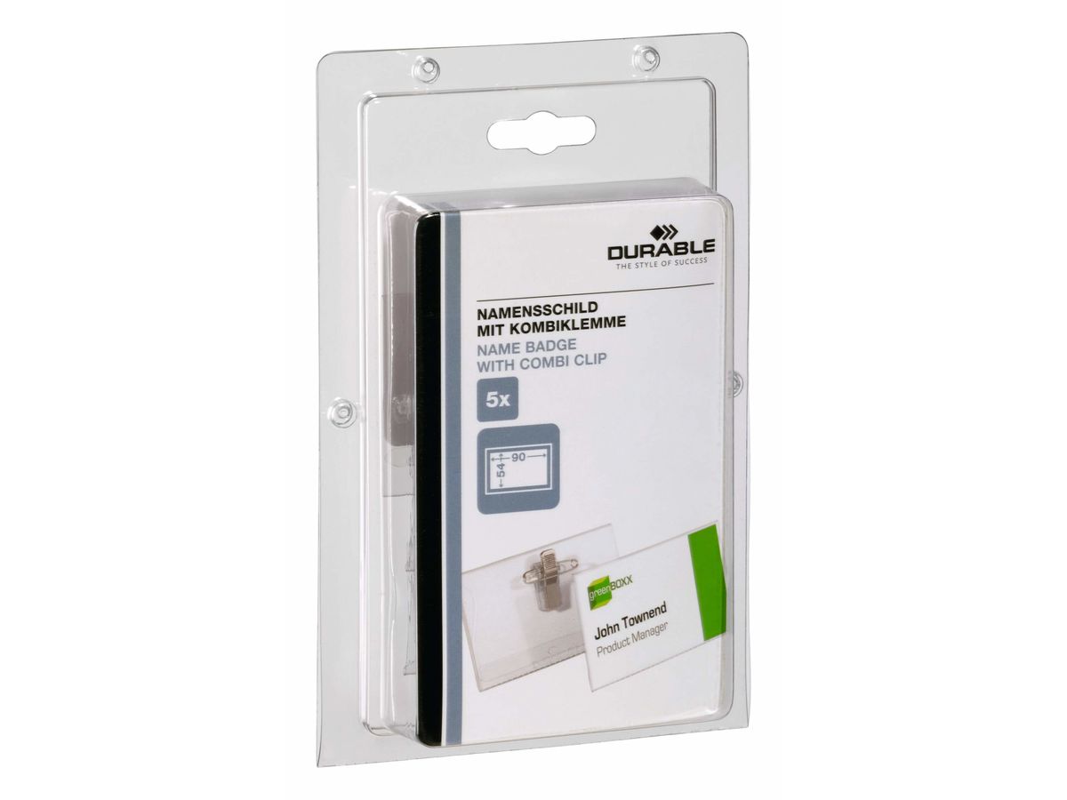 DURABLE Namensschild m/Klemme 90x54mm 861019 5 Stück transp. Kunststoff (4005546805542)