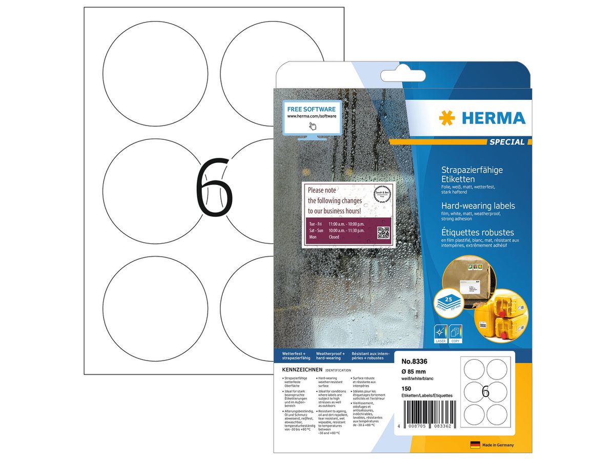 HERMA Etichette film 85mm 8336 bianco 150 pz./25 fl. (4008705083362)