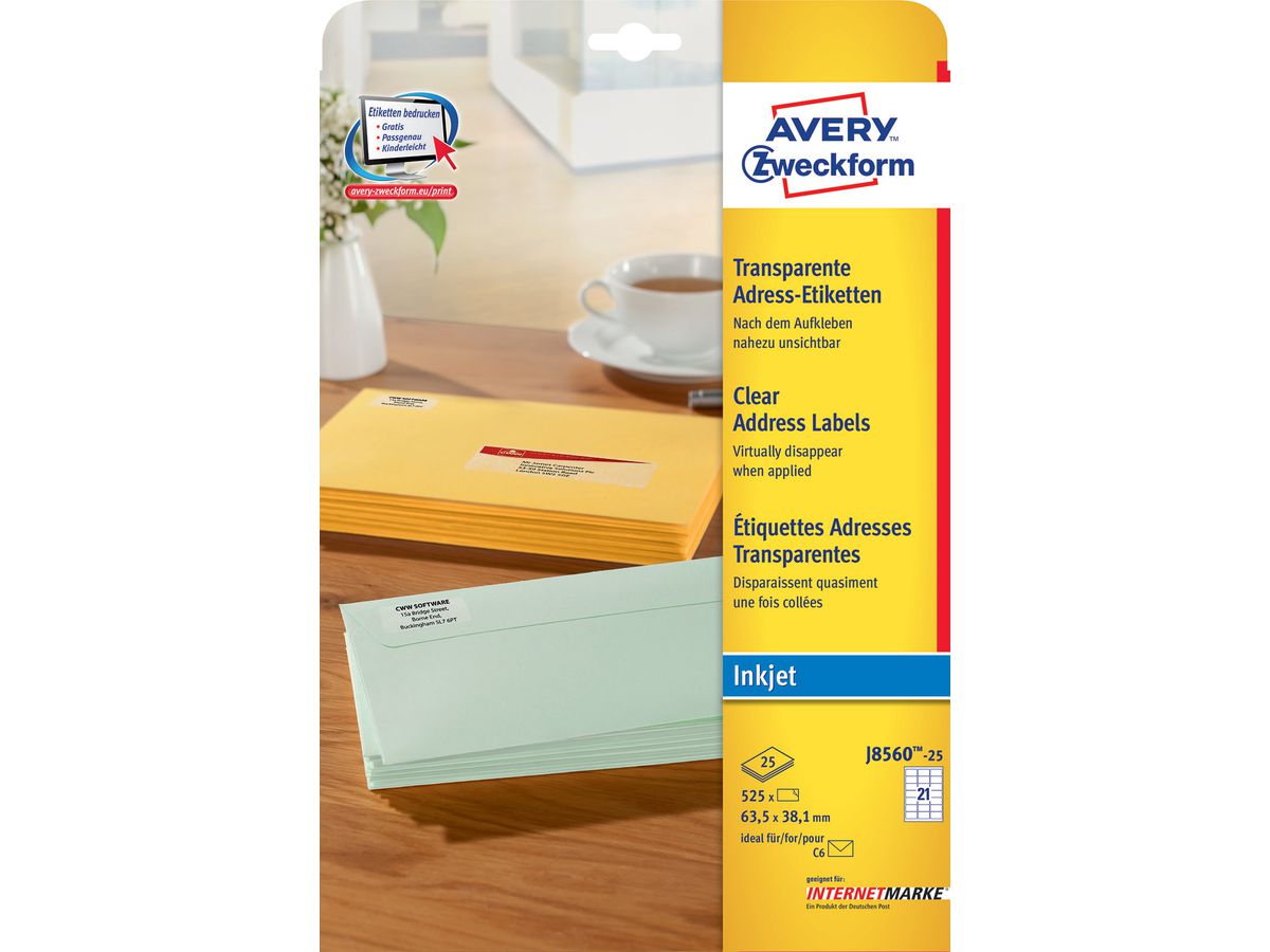 AVERY ZWECKFORM Etiketten J8560 J8560-25 63.5x38.1mm transp.525Stk.20B (4004182235362)