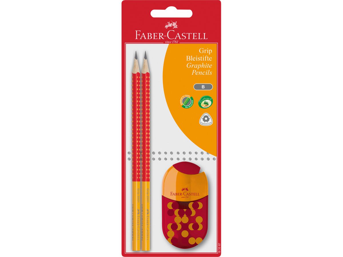 FABER-CASTELL Bleistift, Spitzer B 183587 Grip 2001 Set, 3 Farben (4005401835875)