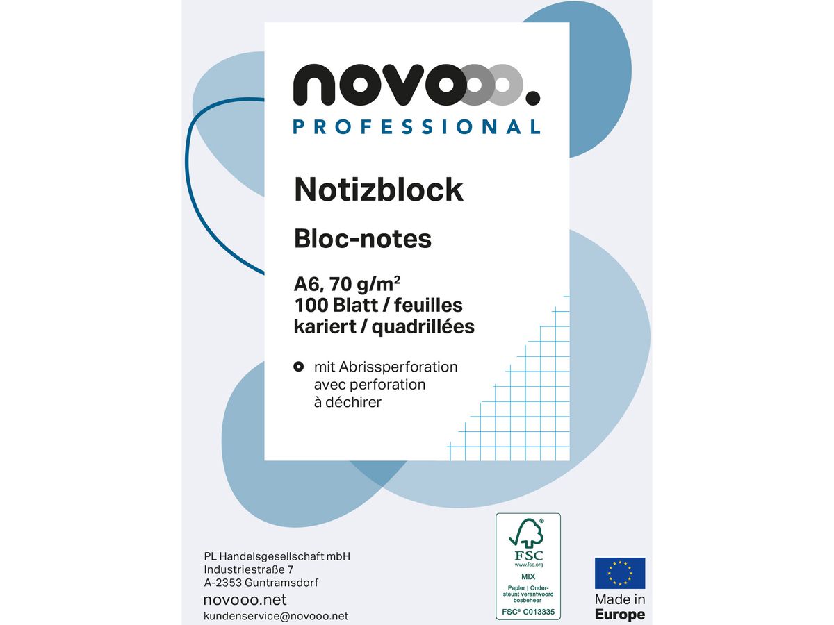 NOVOOO Notizblock weiss A6 694724 kariert 4mm, 70g 5x100 Blatt (9010729030487)