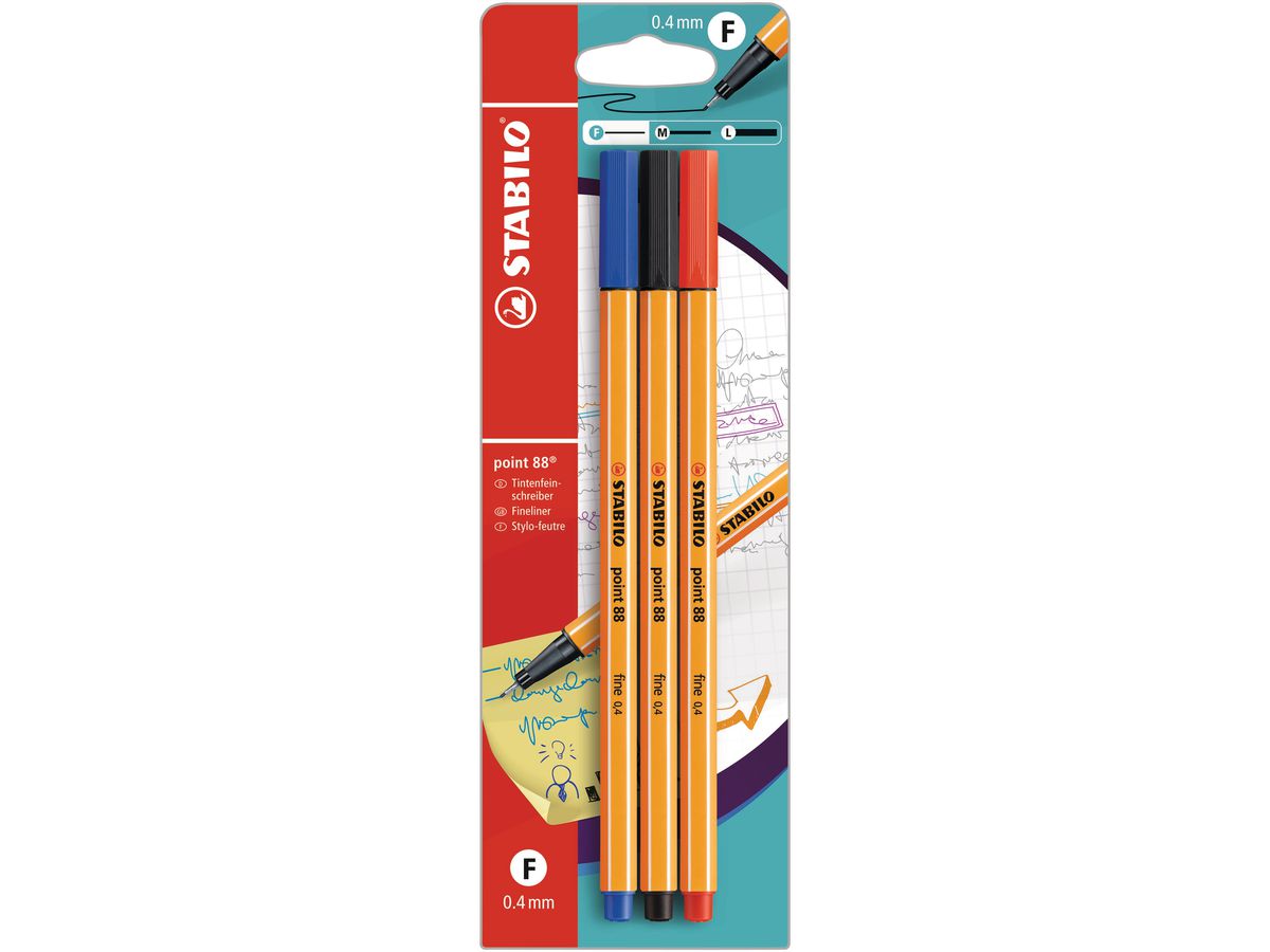 STABILO Fineliner Point 88 0.4mm B-10213-10 schwarz/blau/rot, 3 Stück (4006381102131)