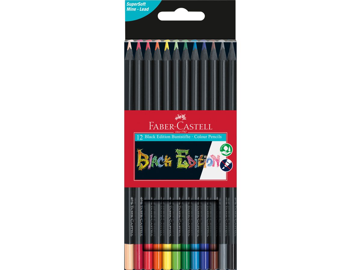 FABER-CASTELL Farbstifte Black Edition 116412 neon Farben ass. 12 Stück (4005401164128)