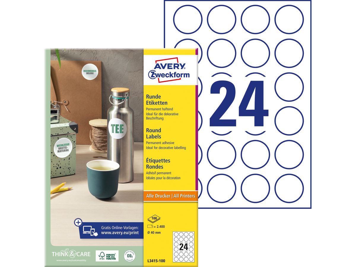 AVERY ZWECKFORM Etiquettes 40mm L3415-100 blanc 2400 pcs. (4004182034156)