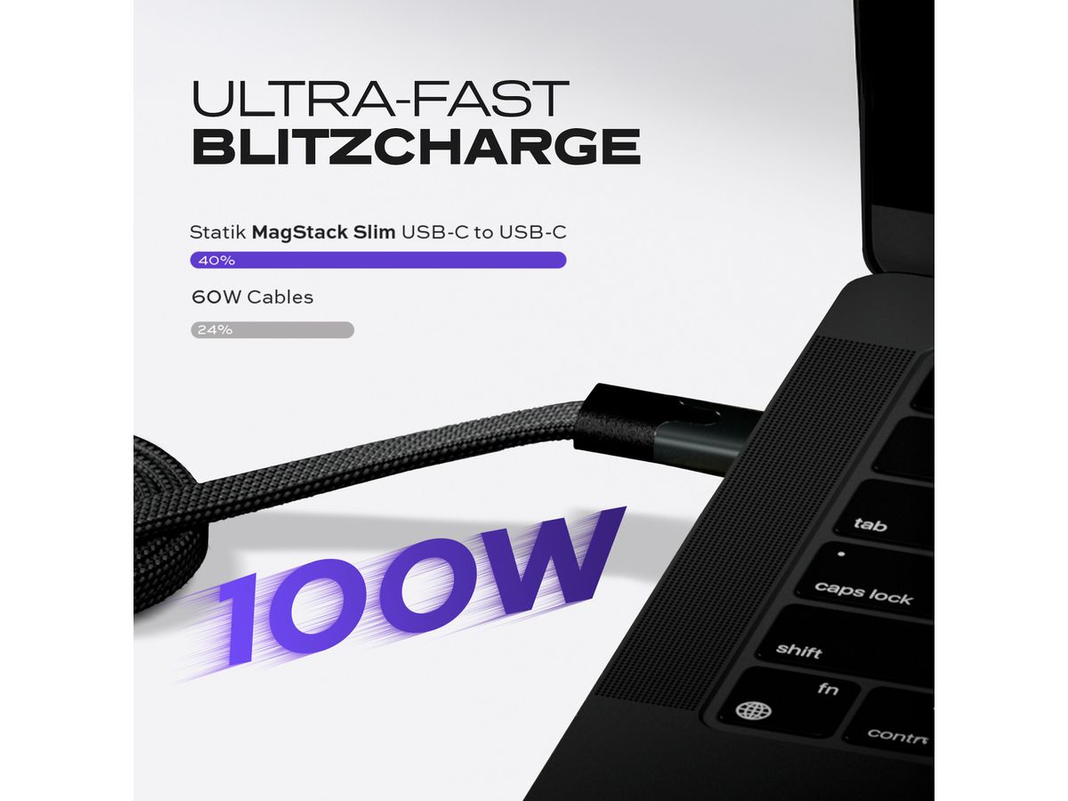 STATIK MagStack Slim Pro Cable PUP-0495-3FT-CC-BLK USB-C to C, 1M, 100W Black (0810024057757)