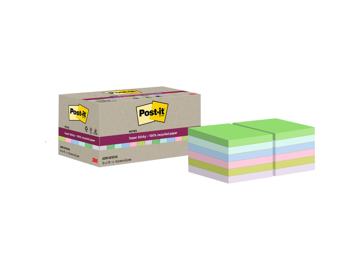 POST-IT SuperSticky Notes 47.6x47.6mm 622 RSS12COL Recycling,assort. 12x70 Blatt (4064035060060)