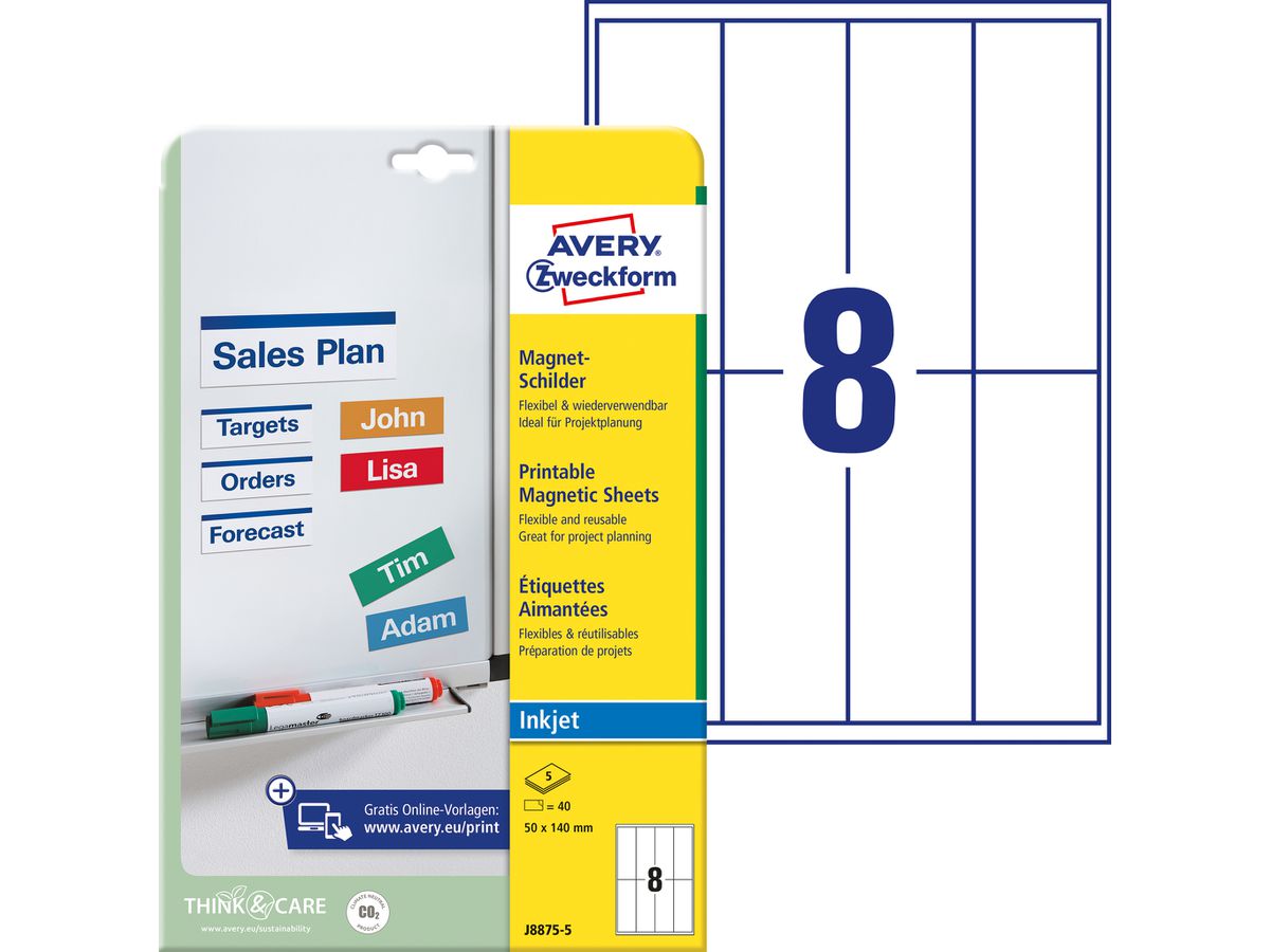 AVERY ZWECKFORM Magnet-Schilder 50x140mm OJ8875-5 weiss 40 Stück/5 Blatt (4004182234389)