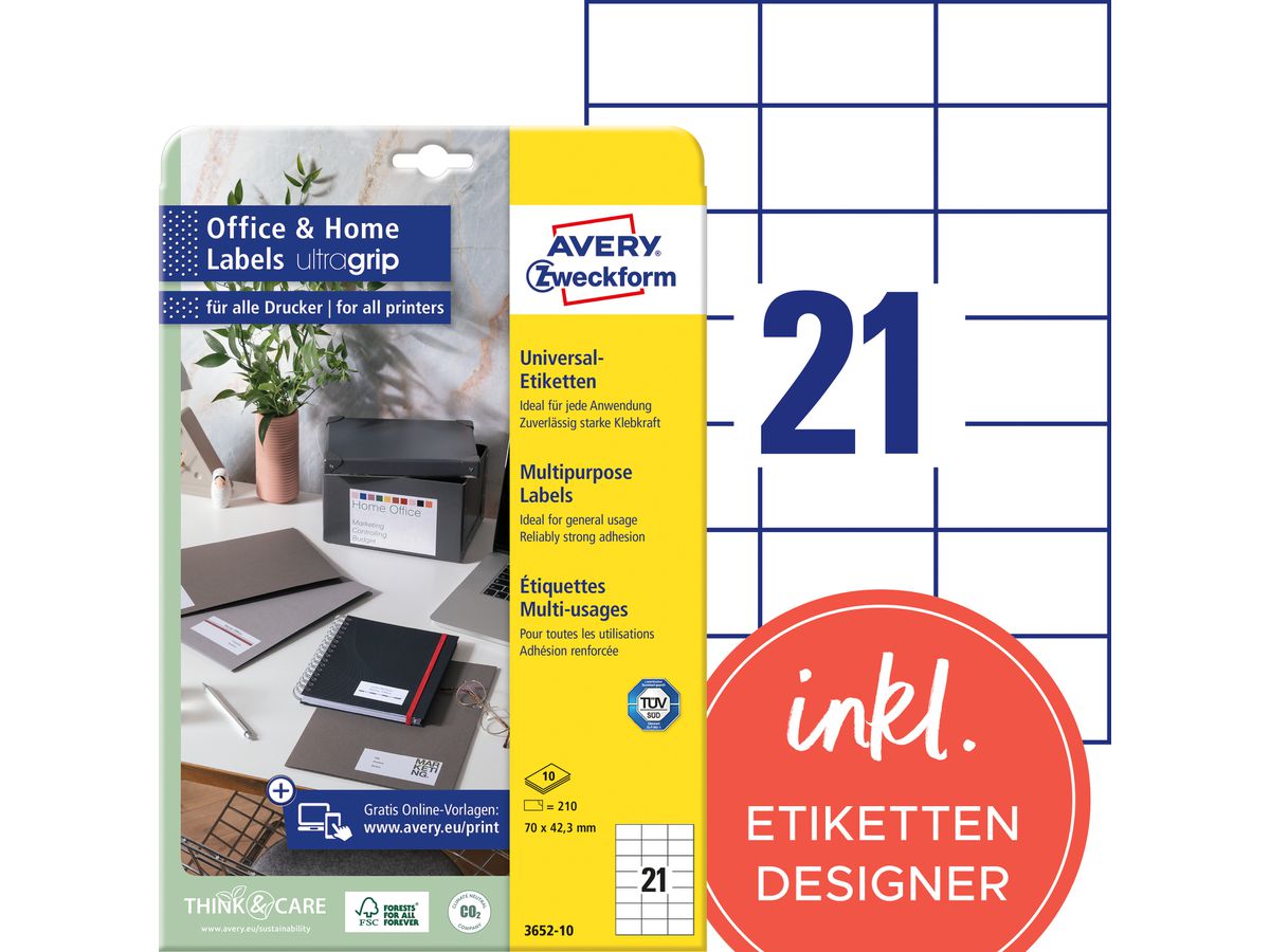 AVERY ZWECKFORM Universal-Etiketten 70x42,3mm 3652-10 weiss 210 Stk./10 Blatt (4004182617557)