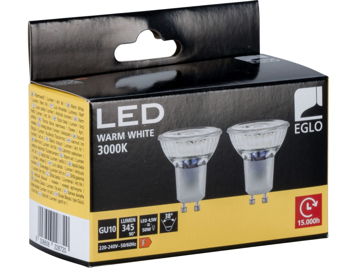 EGLO Leuchtmittel LED GU10 110147 345 Lumen, 4.5W 2 Stück (9008606228720)