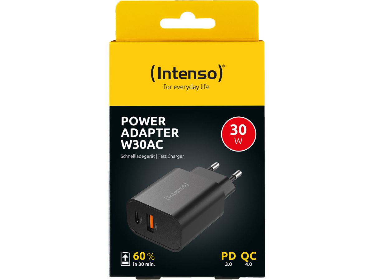 INTENSO Power Adapter W30AC Charger 7803010 30W, USB-A & USB-C black (4034303035915)