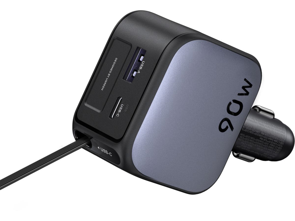 UGREEN Fast Car Charger 2-Port 90W 55909B Retractable Cable (6941876271399)