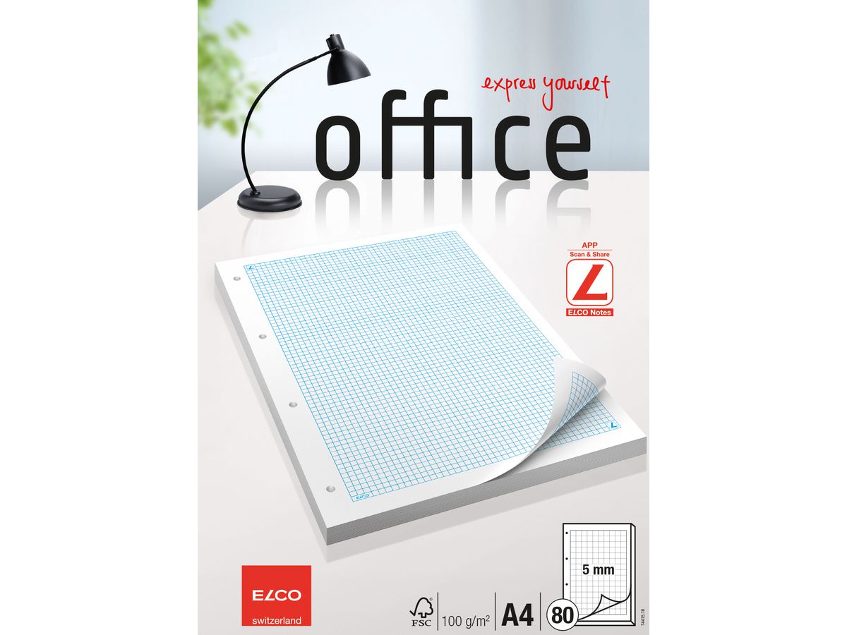 ELCO Ringbuchblock kariert 5mm A4 74415.18 hochweiss, 100g, 4-Loch 80 Bl. (7611722018377)