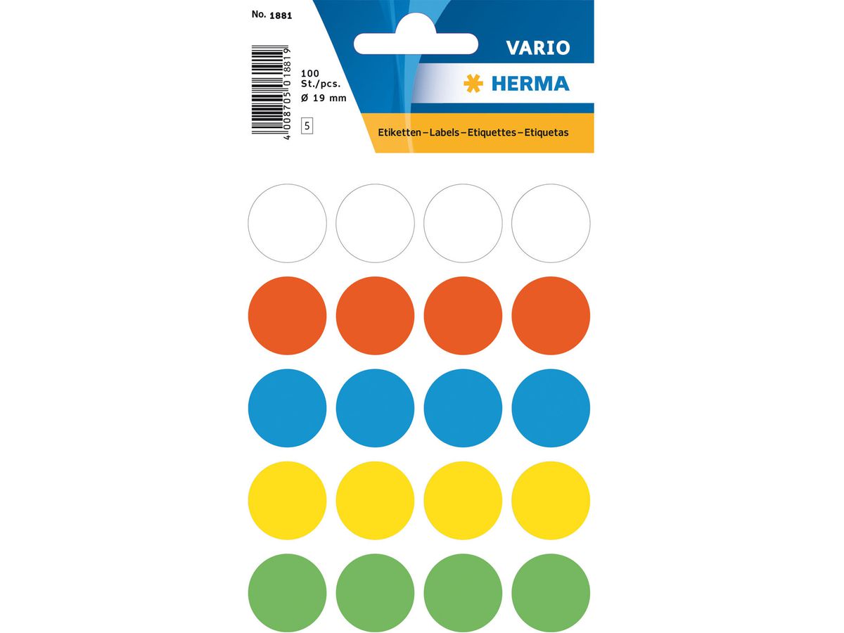 HERMA Markierungspunkte 19mm 1881 farbig ass. 100 Stück (4008705018814)
