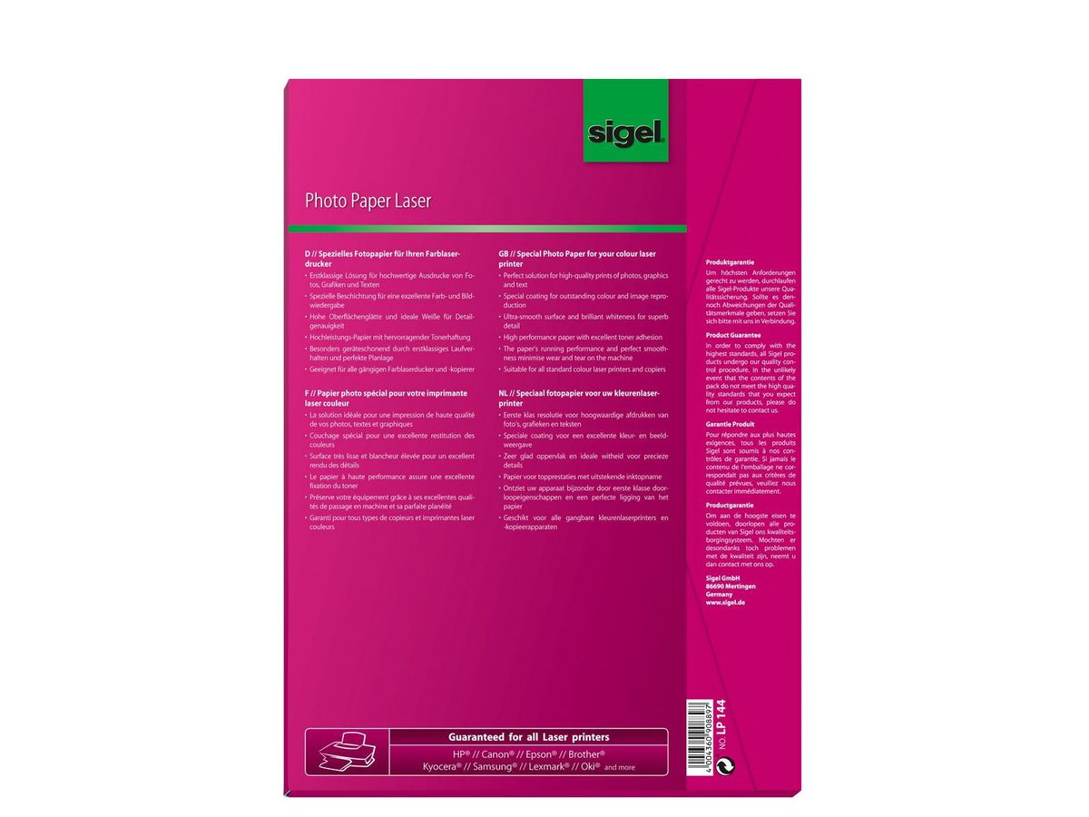 SIGEL Farblaser-Papier A4 LP144 200g,glossy, weiss 100 Blatt (4004360908897)
